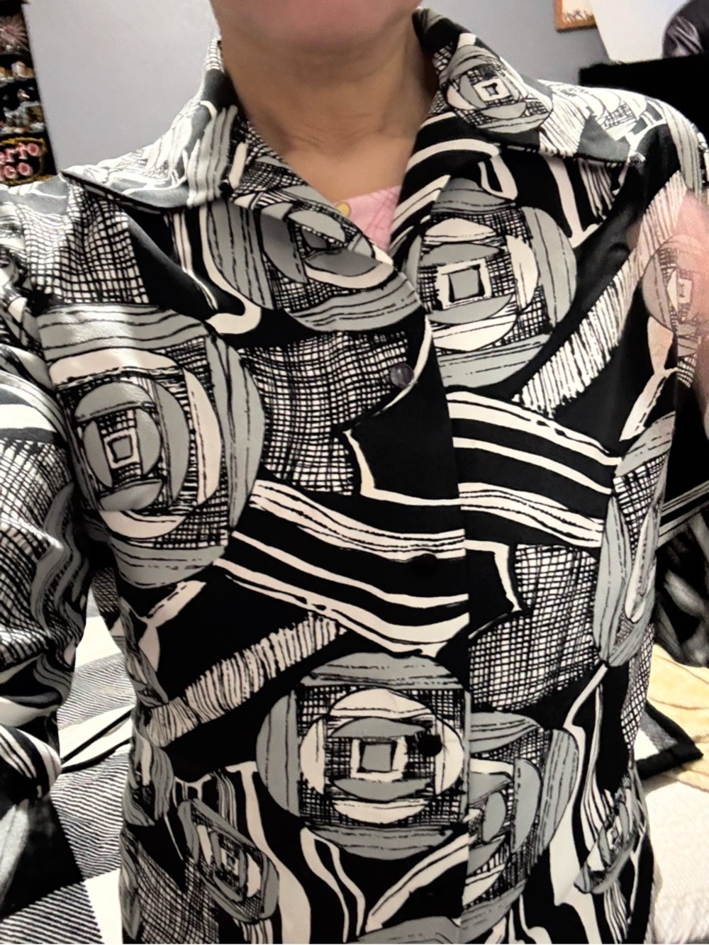Abstract Black and Light Gray Printed Button-Cuff Blouse
